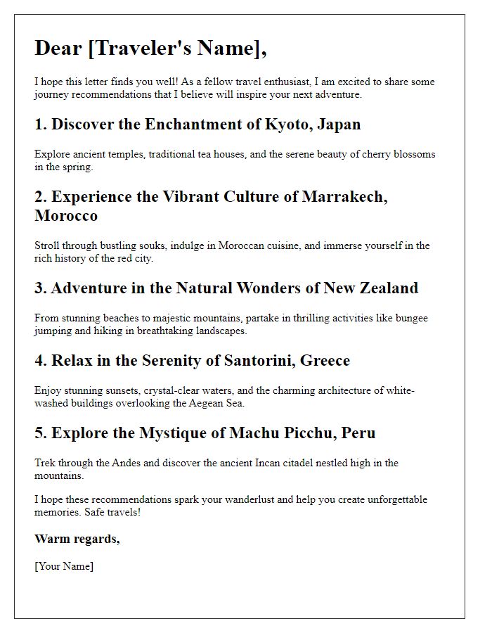 Letter template of journey recommendations for a travel enthusiast.