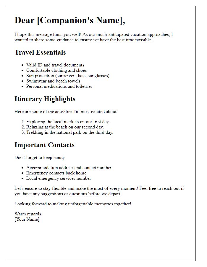 Letter template of vacation guidance for a close companion.