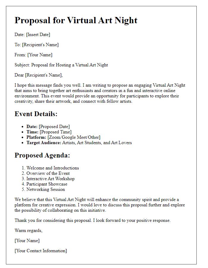 Letter template of proposal for a virtual art night.