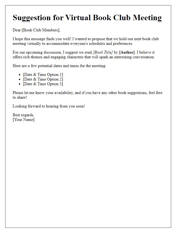 Letter template of suggestion for a virtual book club meeting.