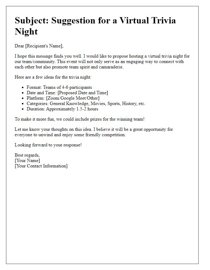 Letter template of suggestion for a virtual trivia night.