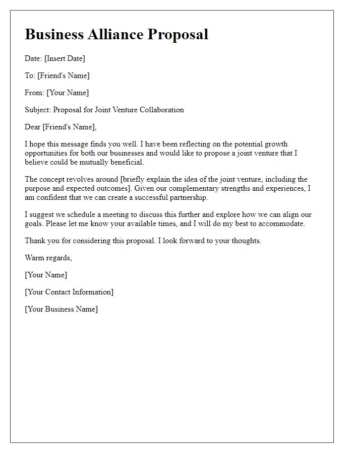 Letter template of business alliance proposal for a joint venture with a friend