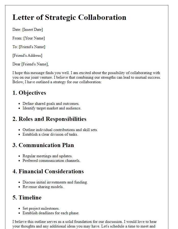 Letter template of strategic collaboration outline for a joint venture with a friend