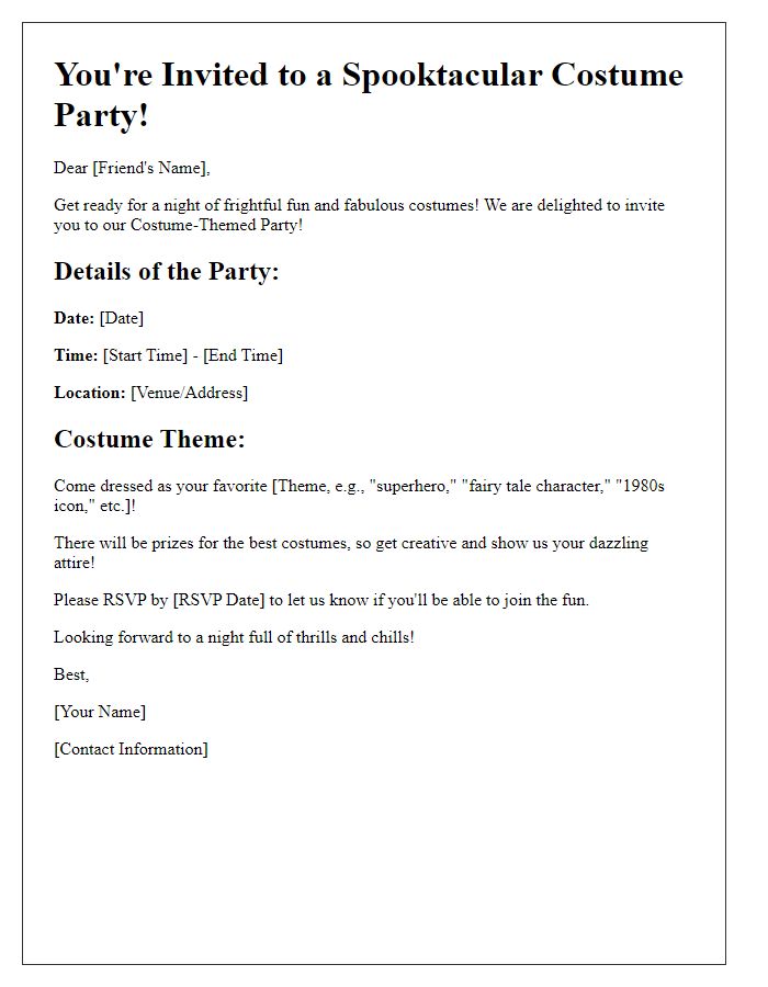 Letter template of invitation to a costume-themed party.