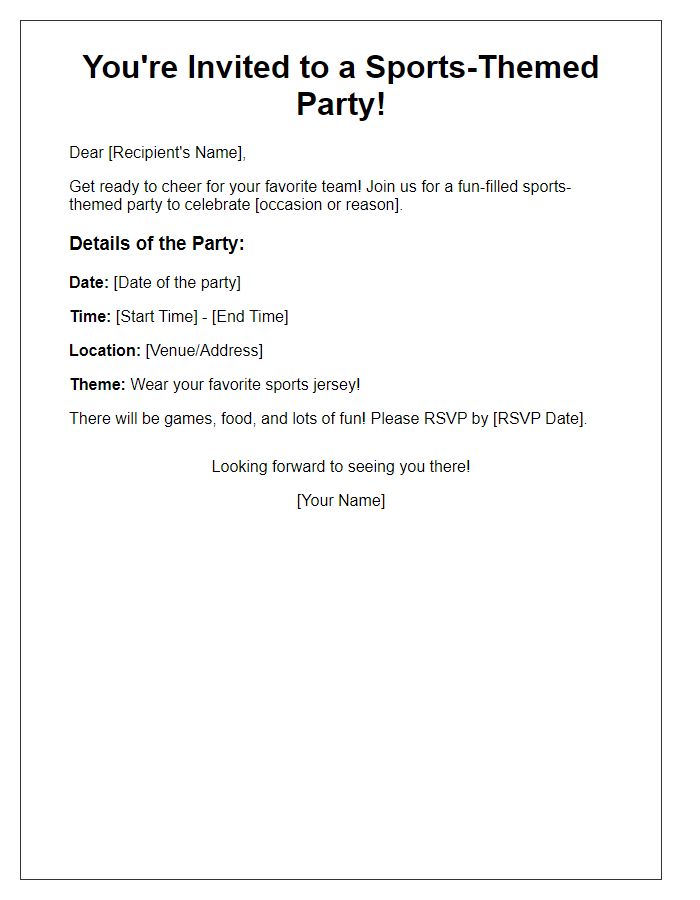 Letter template of notice for a sports-themed party celebration.