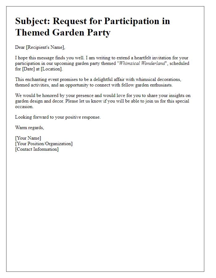 Letter template of request for participation in a garden party with a theme.