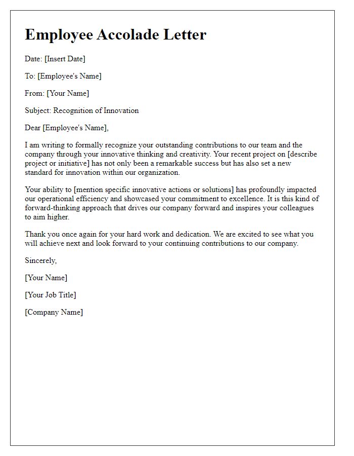 Letter template of employee accolade letter for innovation.