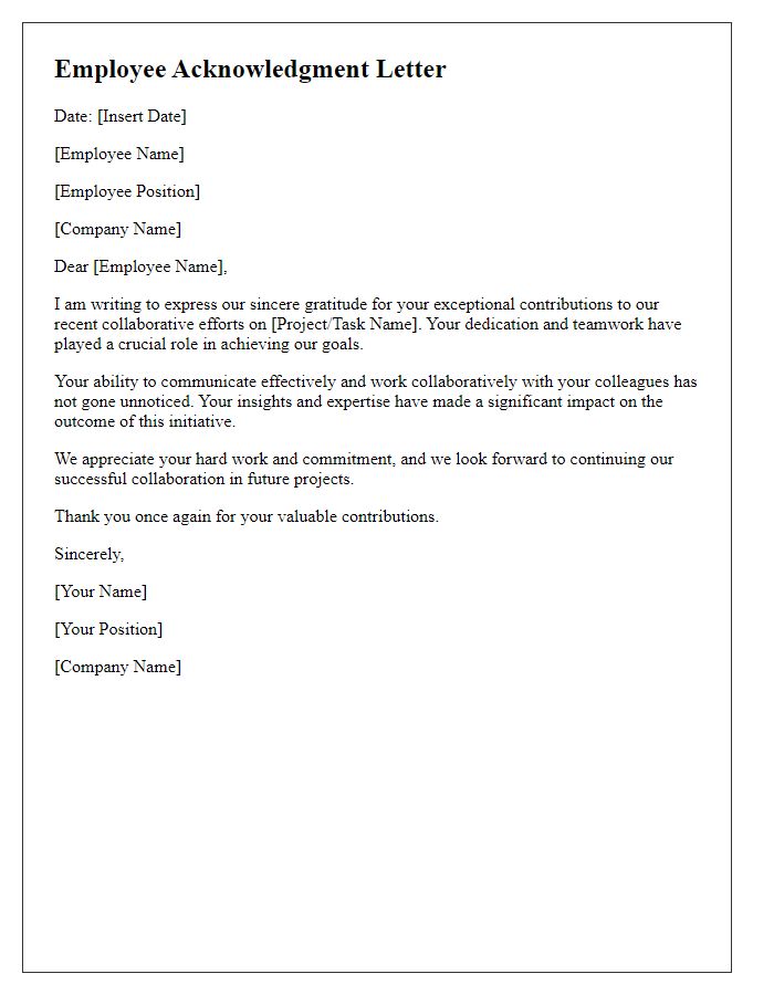 Letter template of employee acknowledgment letter for collaboration efforts.