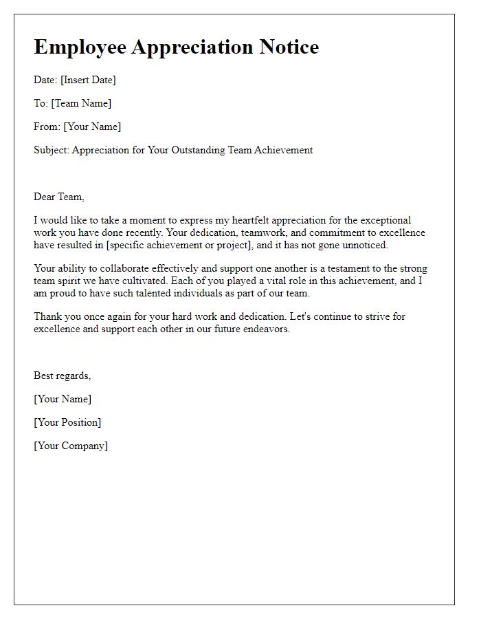 Letter template of employee appreciation notice for team achievement.