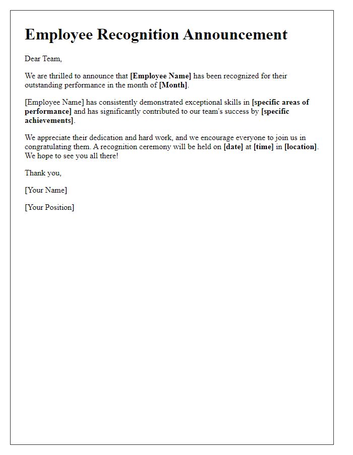 Letter template of employee recognition announcement for outstanding performance.