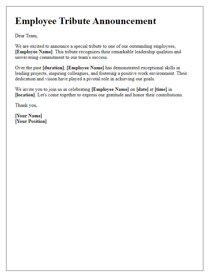 Letter template of employee tribute announcement for leadership qualities.