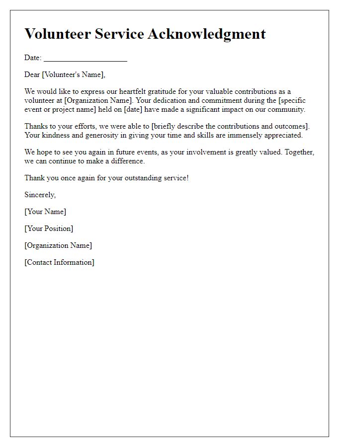 Letter template of volunteer service acknowledgment for participation