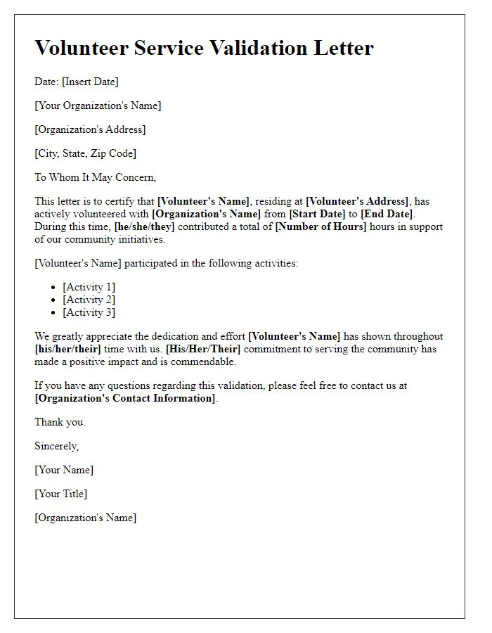Letter template of volunteer service validation for community contribution