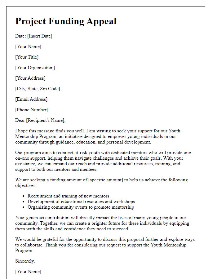 Letter template of project funding appeal for youth mentorship program