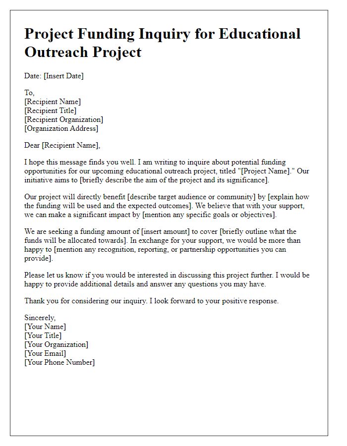 Letter template of project funding inquiry for educational outreach project