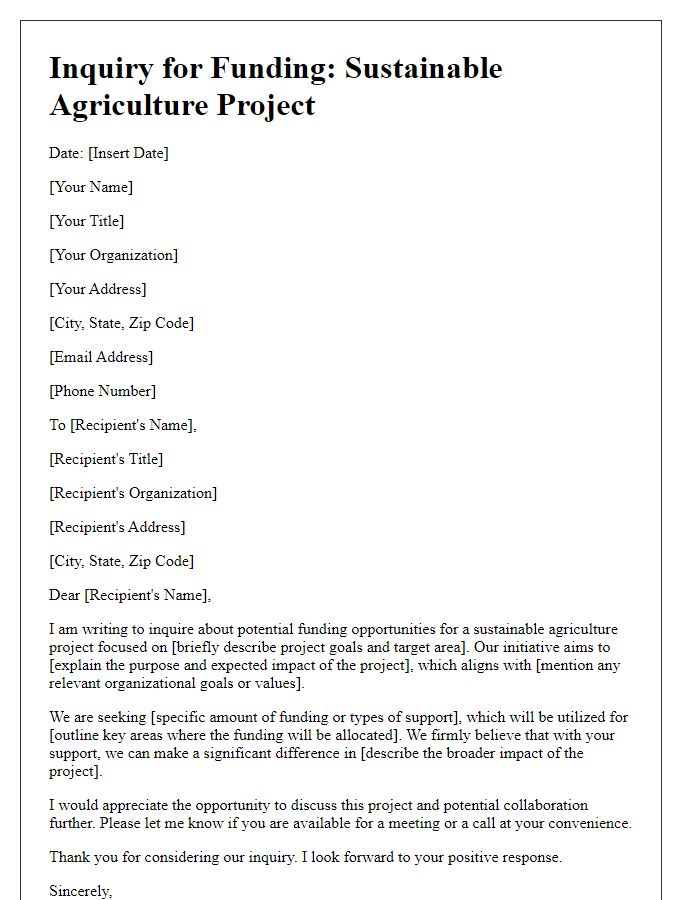 Letter template of project funding inquiry for sustainable agriculture project