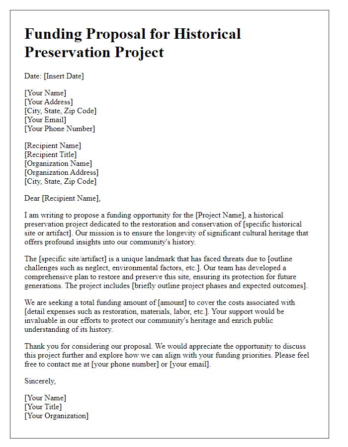 Letter template of project funding proposal for historical preservation project