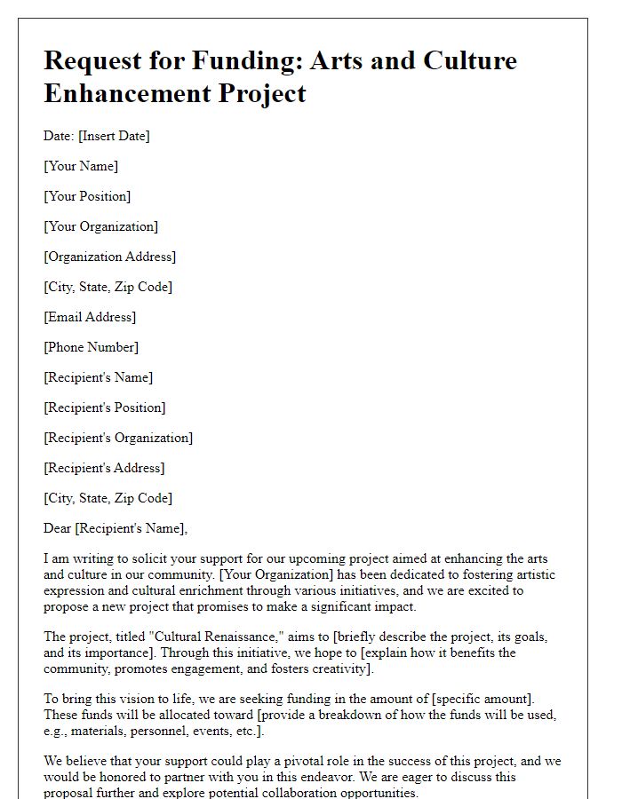 Letter template of project funding solicitation for arts and culture enhancement