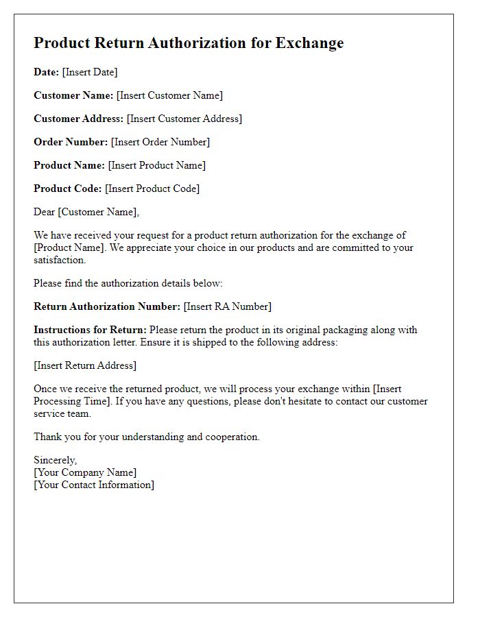 Letter template of product return authorization for exchange purposes