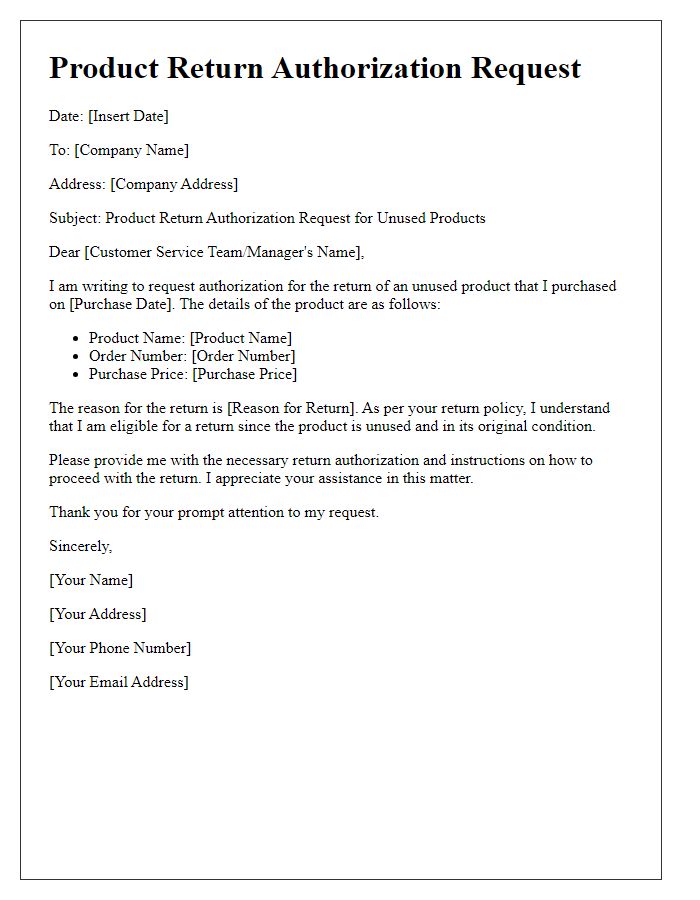 Letter template of product return authorization for unused products