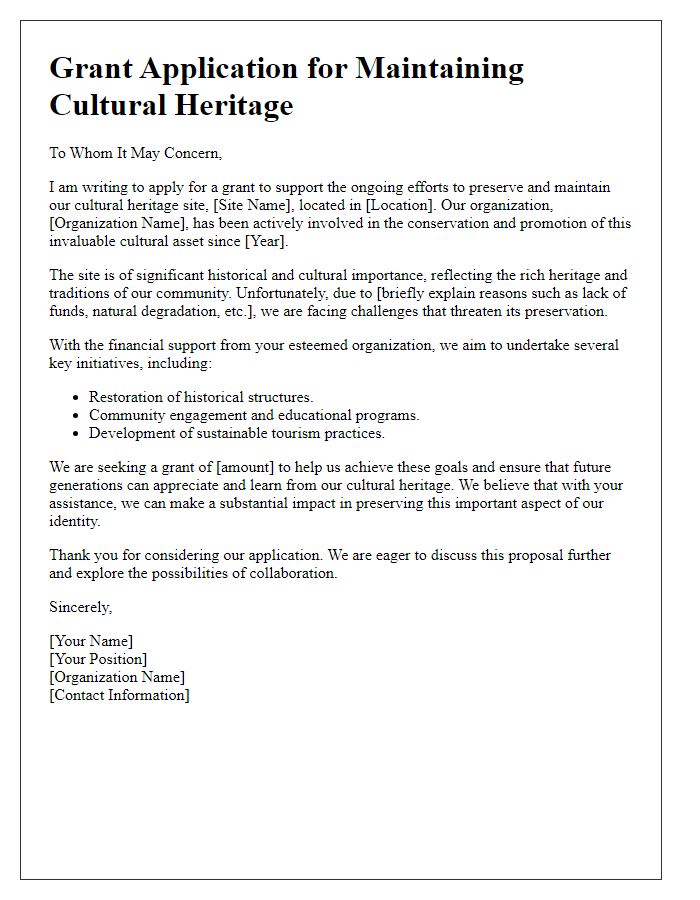 Letter template of application for grant to maintain cultural heritage