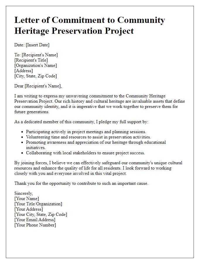 Letter template of commitment to community heritage preservation project