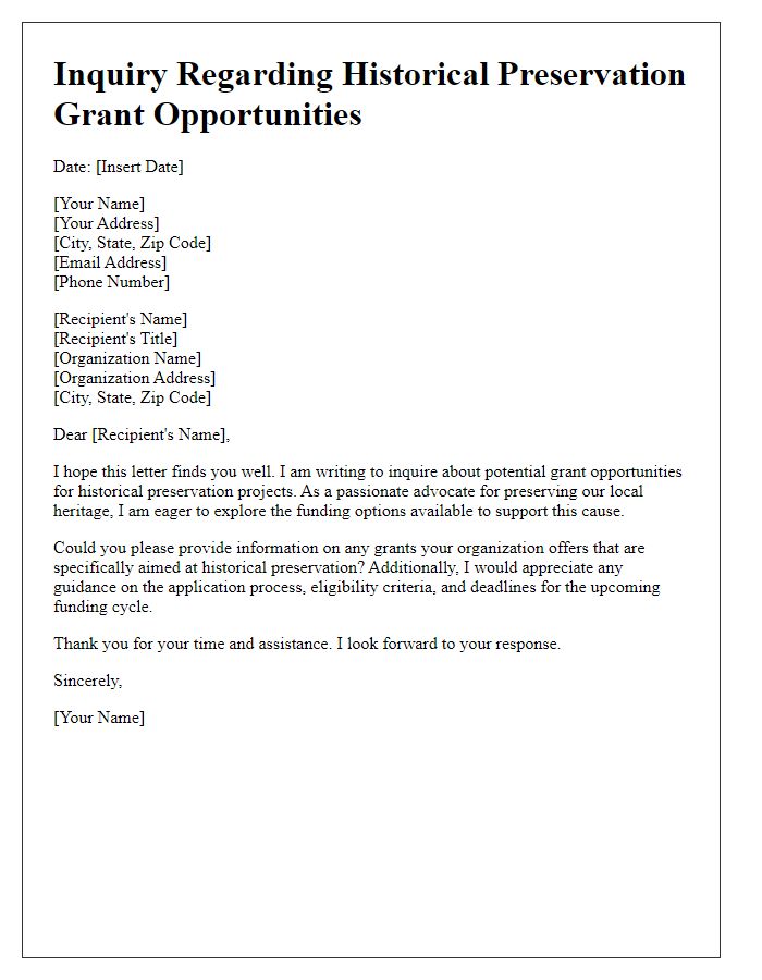 Letter template of inquiry regarding historical preservation grant opportunities