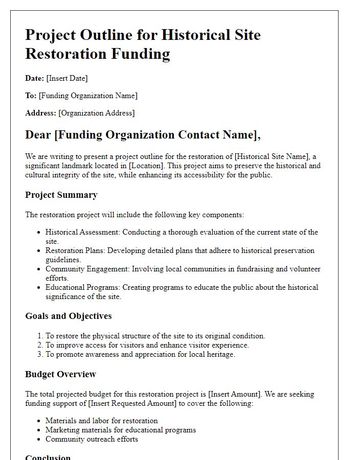 Letter template of project outline for historical site restoration funding