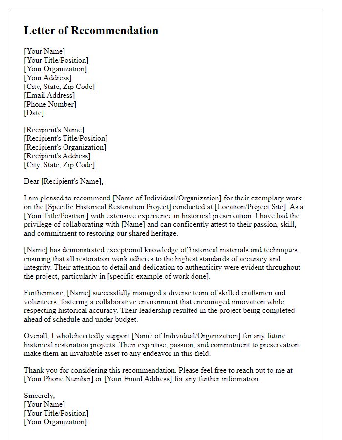 Letter template of recommendation for historical restoration project