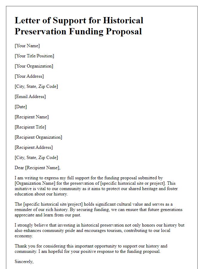 Letter template of support for historical preservation funding proposal