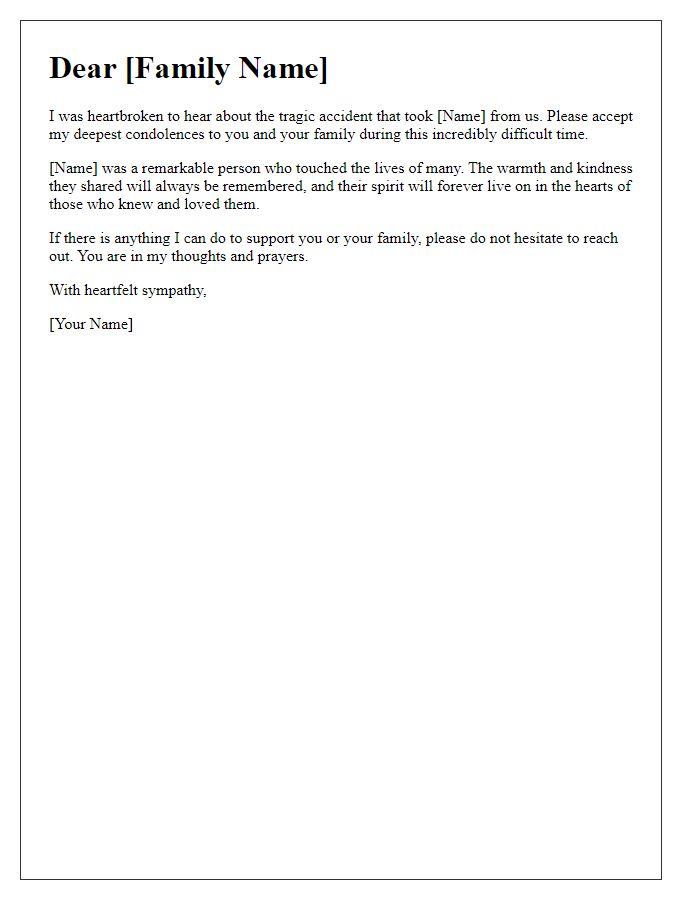 Letter template of condolences for families grieving a tragic accident.