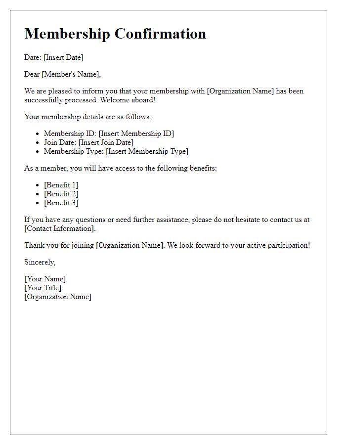 Letter template of membership confirmation for new joiners