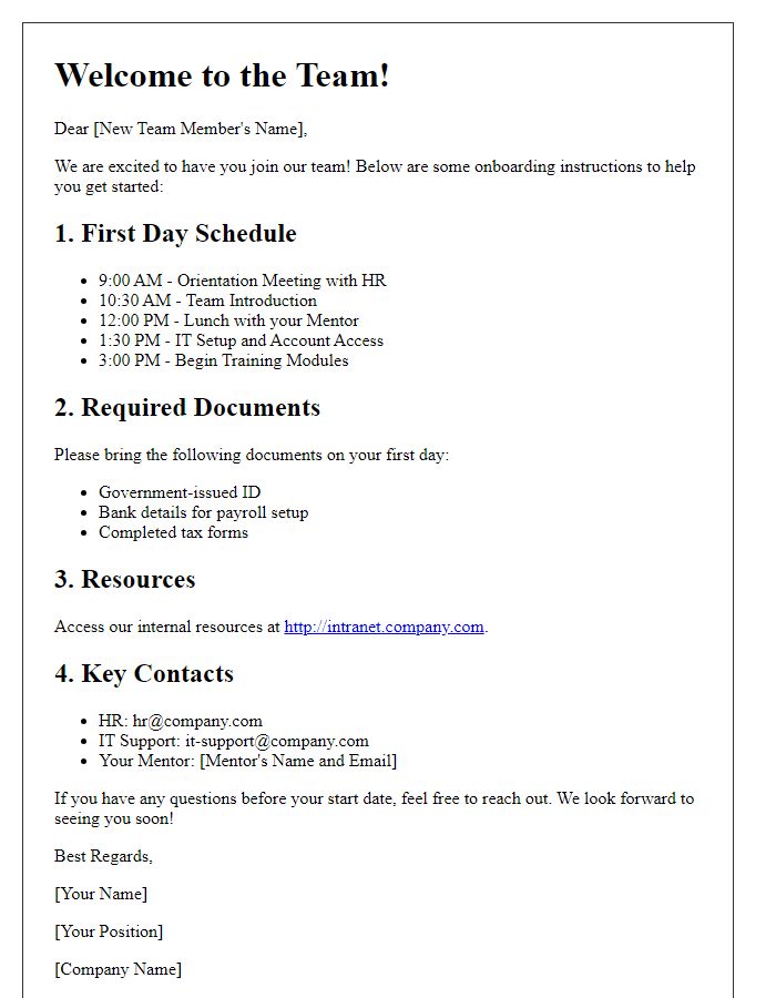 Letter template of onboarding instructions for new team members