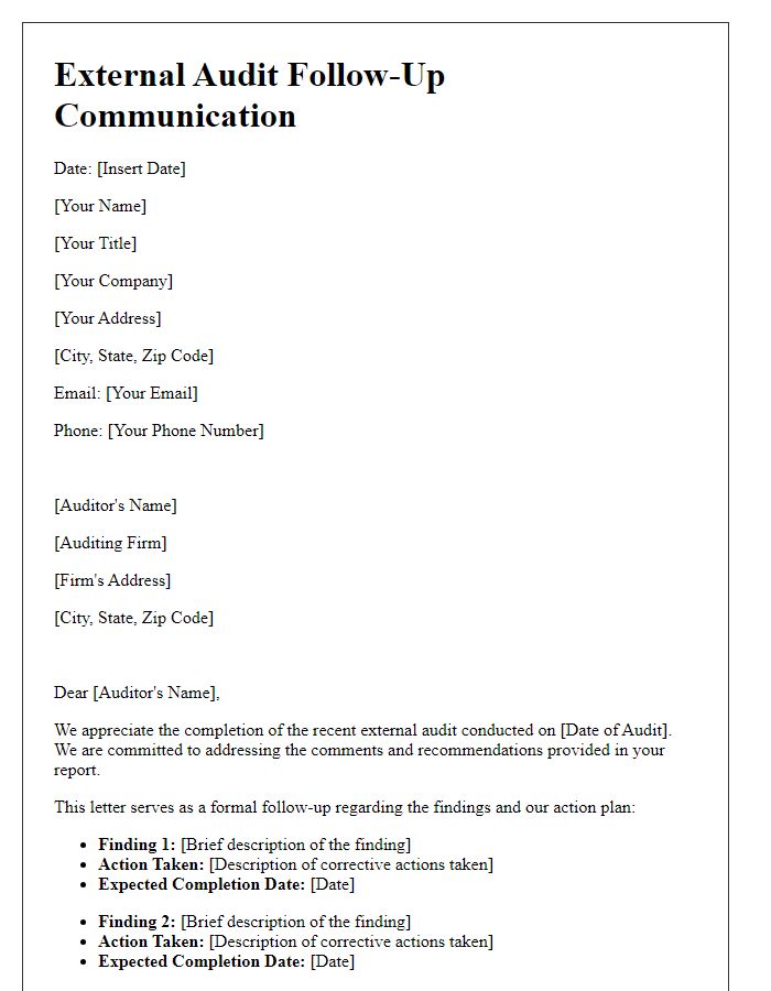 Letter template of external audit follow-up communication