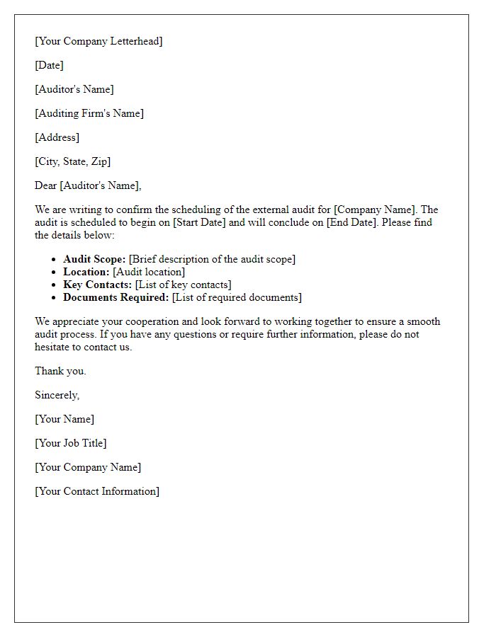 Letter template of external audit scheduling confirmation