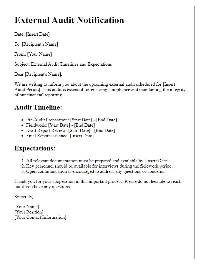 Letter template of external audit timelines and expectations