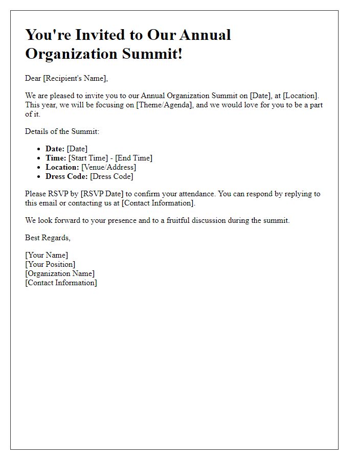 Letter template of annual organization summit invitation.