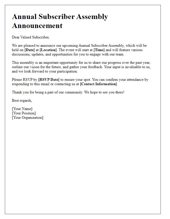 Letter template of annual subscriber assembly announcement.