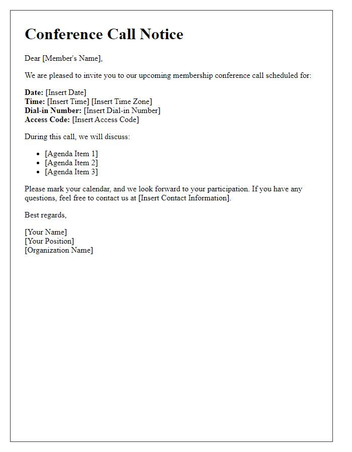 Letter template of membership conference call notice.