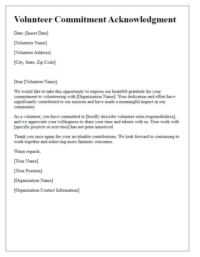 Letter template of acknowledgment for volunteer commitments