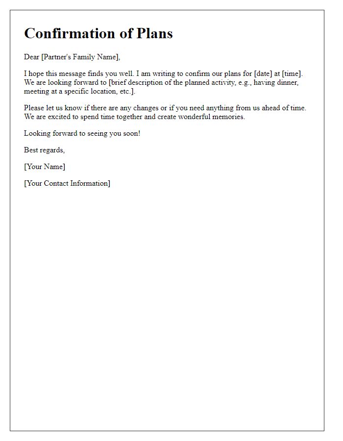 Letter template of confirming plans with partner's family
