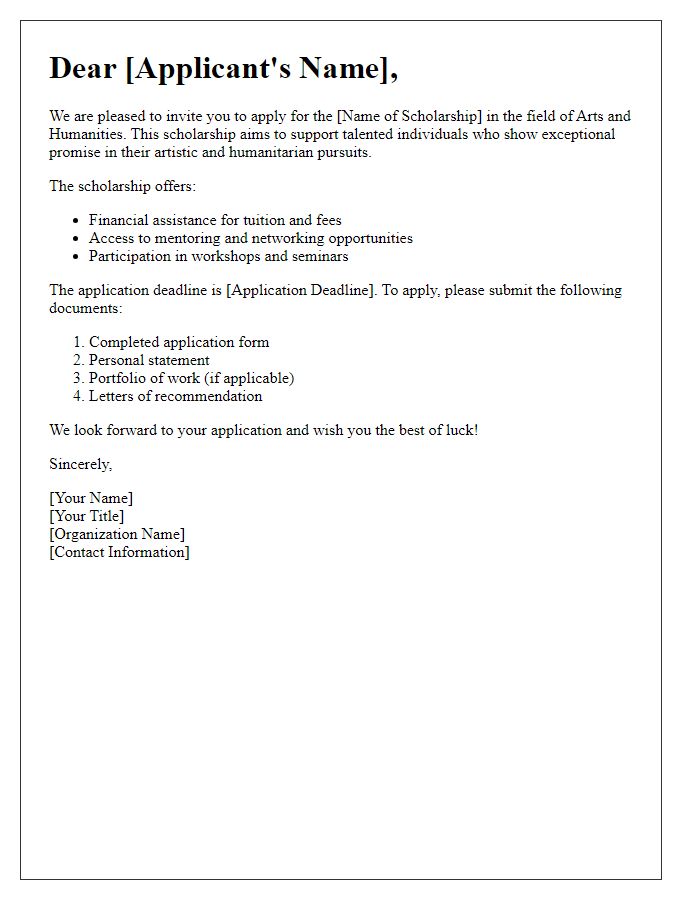 Letter template of Scholarship Application Invitation for Arts and Humanities