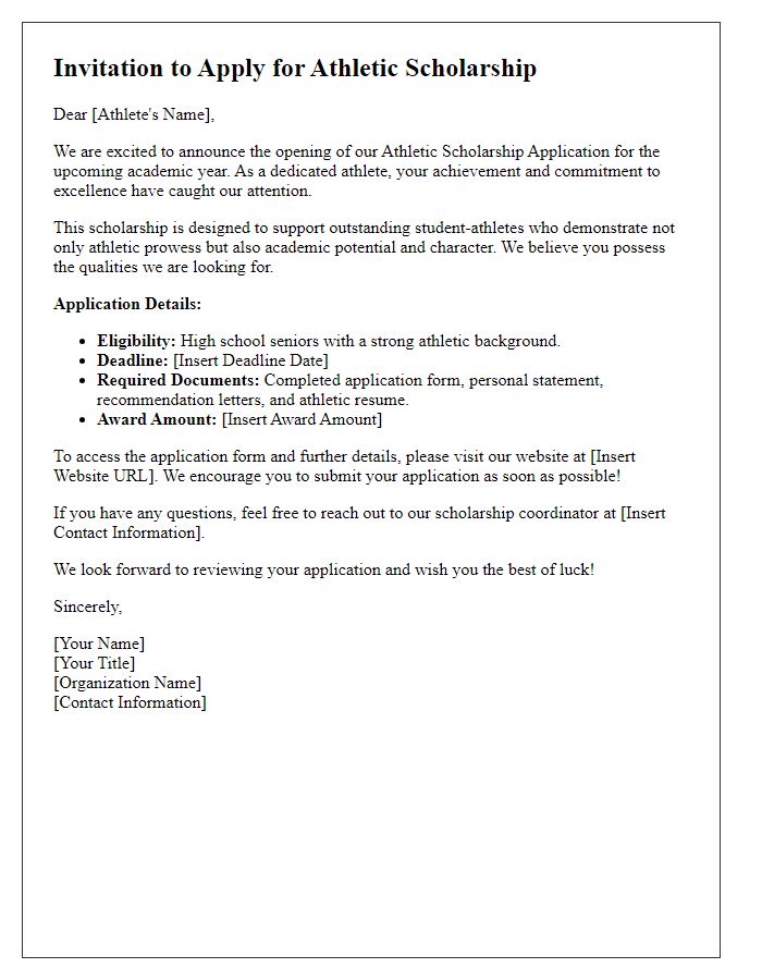 Letter template of Scholarship Application Invitation for Athletic Scholarships