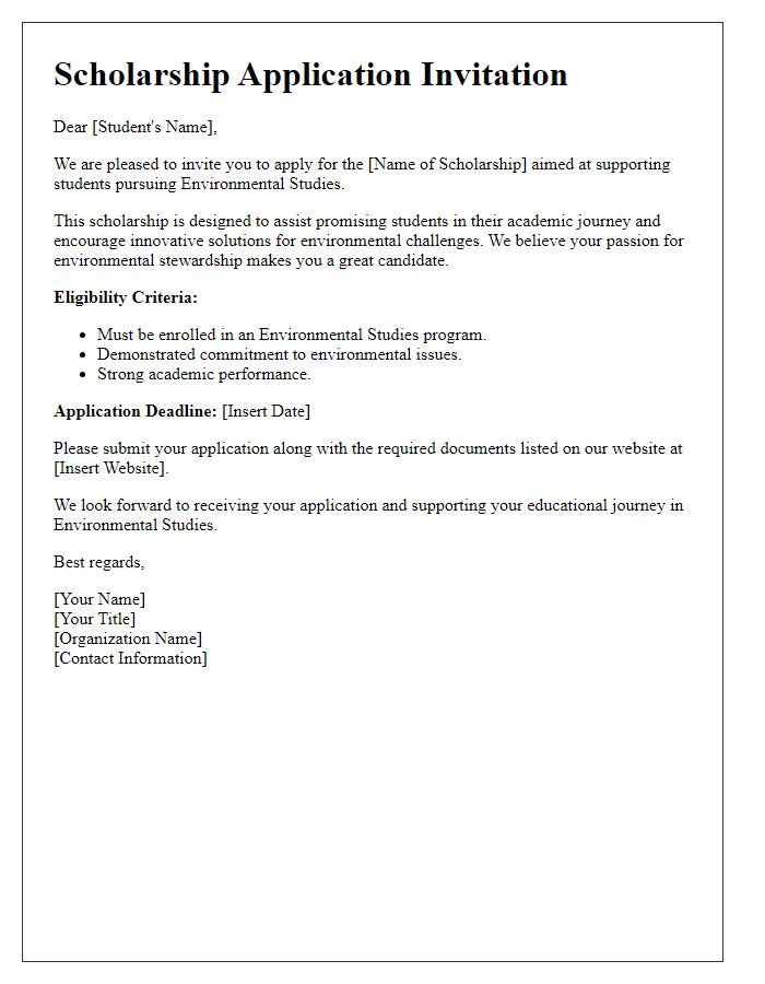 Letter template of Scholarship Application Invitation for Environmental Studies