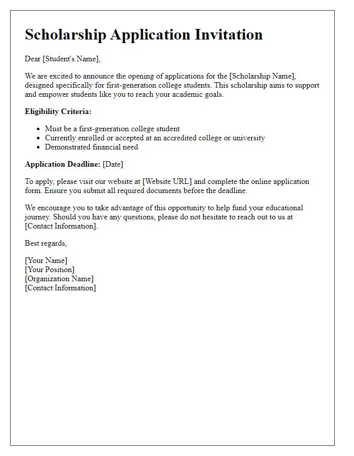 Letter template of Scholarship Application Invitation for First-Generation College Students