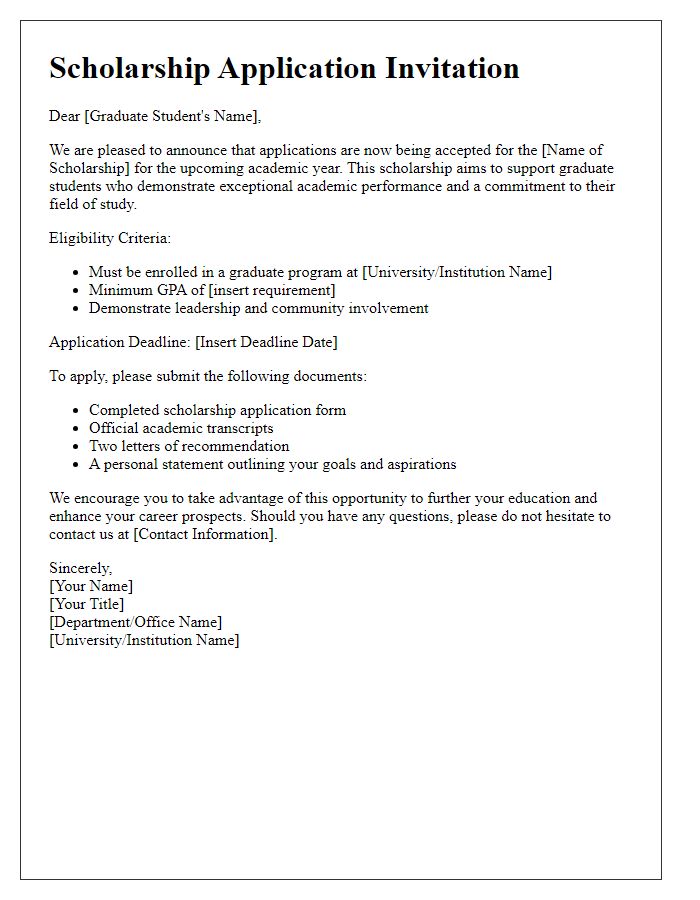 Letter template of Scholarship Application Invitation for Graduate Students