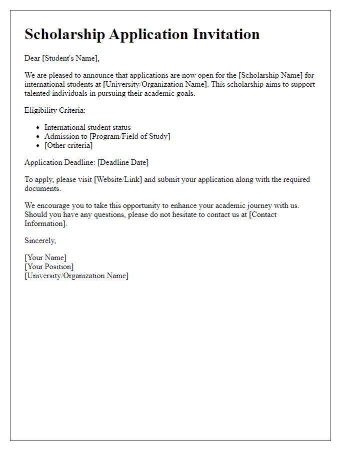 Letter template of Scholarship Application Invitation for International Students