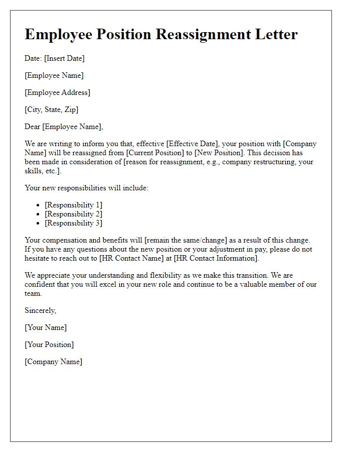 Letter template of employee position reassignment letter