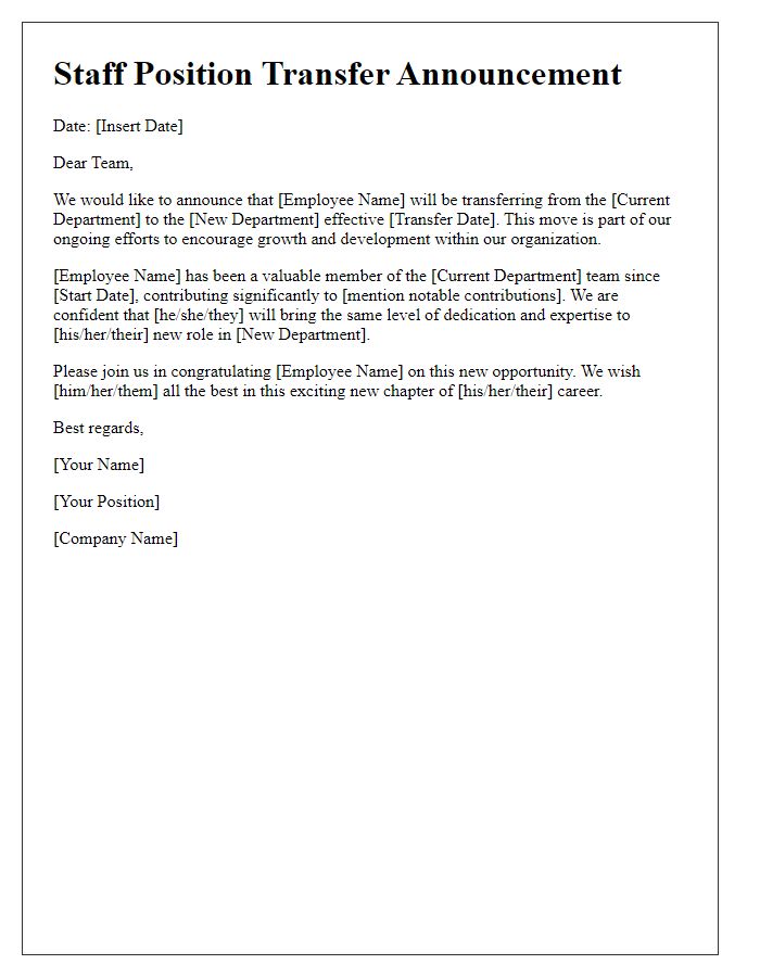 Letter template of staff position transfer announcement