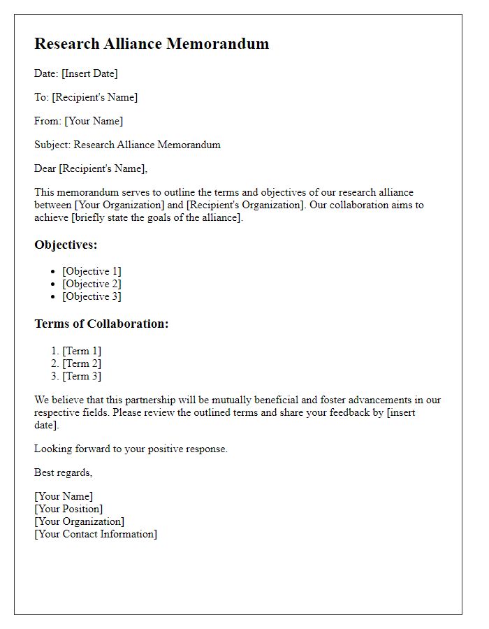 Letter template of research alliance memorandum